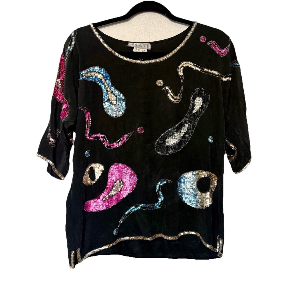 Vintage 80s 100% Silk Beaded Sequin Blouse Top M L Retro Disco Glam Indie Sleaze